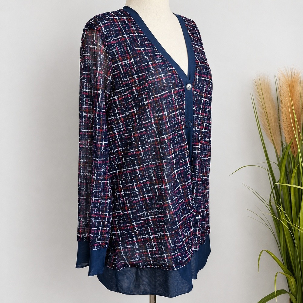 Chico's Navy Tweed Print Mesh Cardigan Button Front Topper SZ XL Preppy Academia - Picture 3 of 10